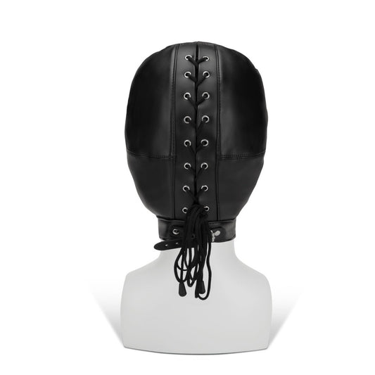 black bondage hood with eye, nose, and mouth openings for intimate play