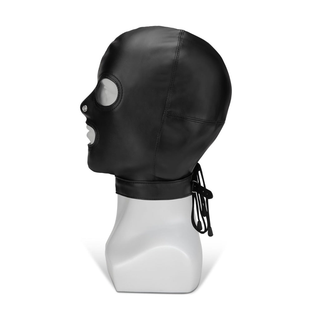 Black bondage hood with cut-out eyes, nose, and mouth, part of the Me You Us collection.