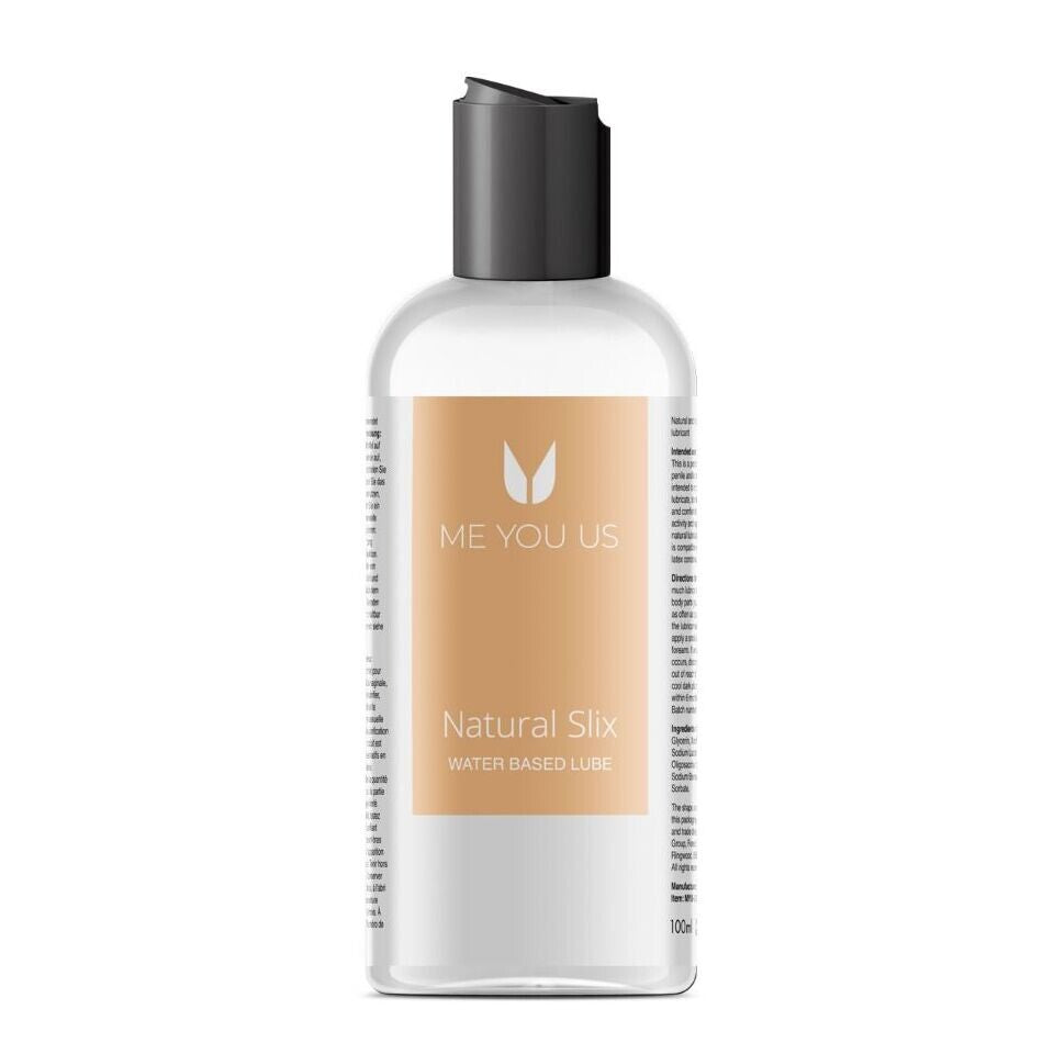 Clear bottle of me you us natural slix water-based lubricant, 100ml size.