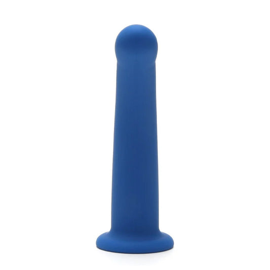 Six-inch curved silicone dildo for strap-on use, a versatile bedroom toy.