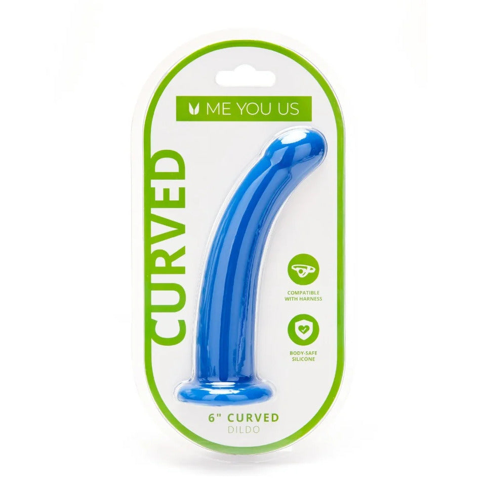 Me You Us 6-inch curved silicone dildo for strap-on use, with a smooth finish.