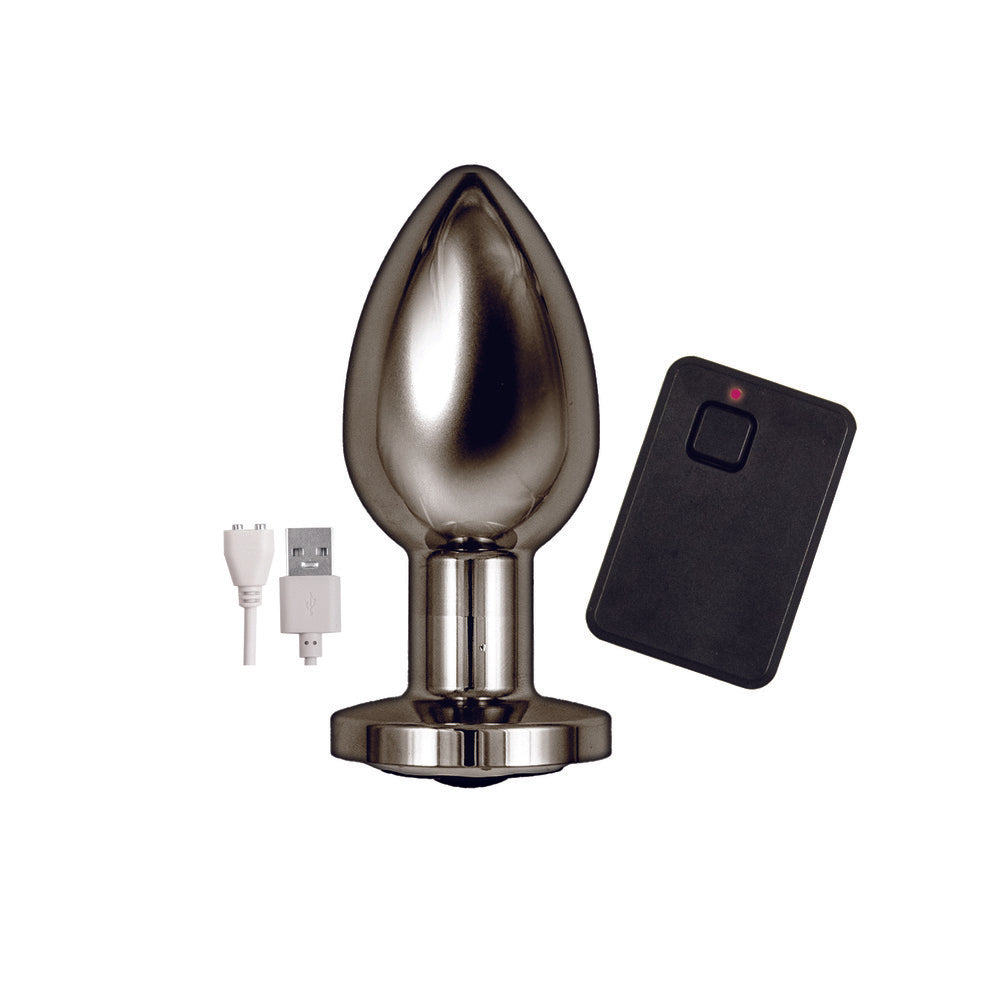 A black, vibrating butt plug with a remote control, for pleasure. By Nasswalk Toys.