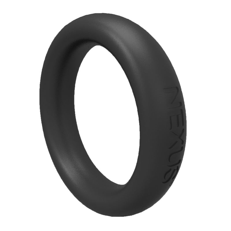 Close-up of a stretchy, dark grey silicone love ring for enhanced pleasure and endurance.