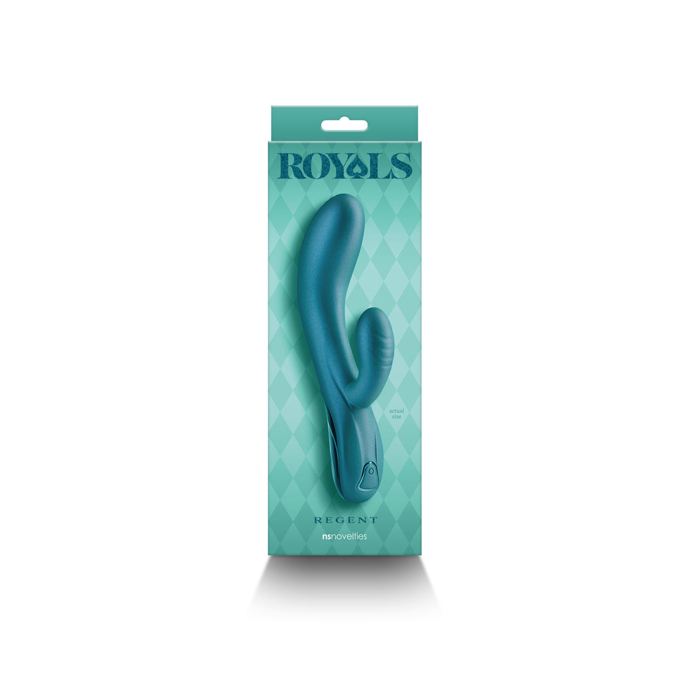 Metallic green vibrator with clitoral stimulator, a luxurious addition to your pleasure collection.