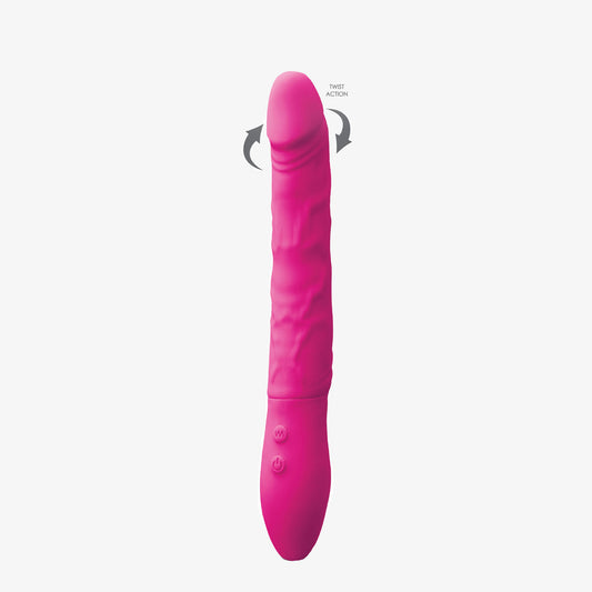 Petite pink rechargeable penis vibrator with a flexible, twisting design for intimate pleasure.