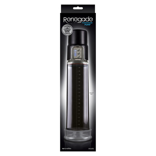 ns novelties renegade powerhouse pump, a rechargeable penis enlarger in black and silver.