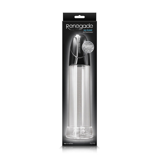 ns novelties renegade iq pump rechargeable penis enlarger, clear cylinder with digital display.