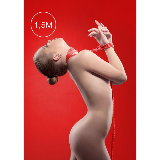 Close-up of red kinbaku mini rope from Shots Toys, approximately 1.5 metres long, restraints.