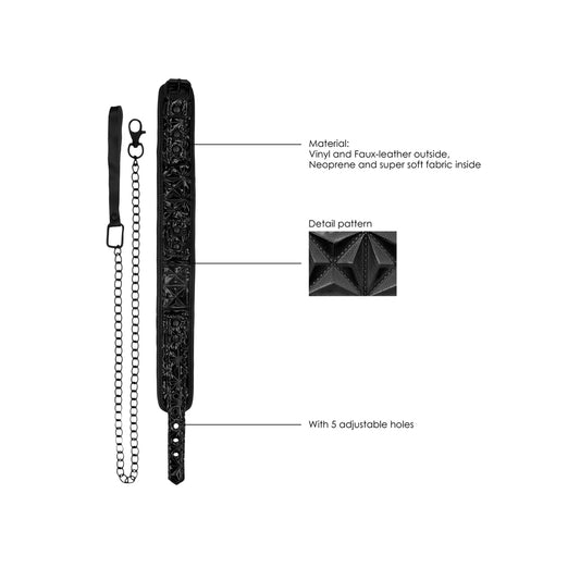 Black, padded 'ouch' collar and matching leash set, a luxurious restraint for playful pets.