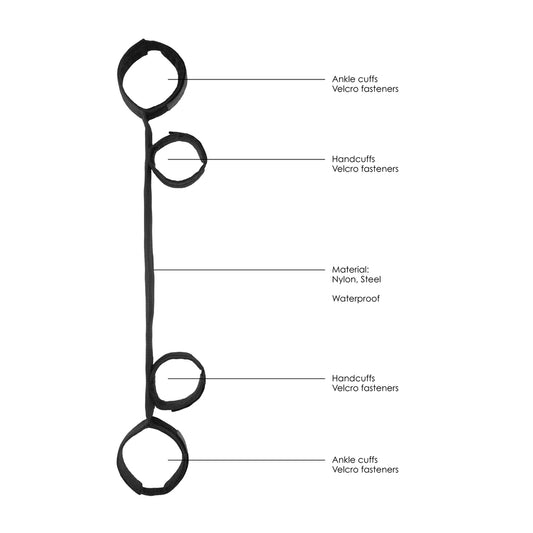 shots toys ouch spreader bar with black hand and ankle restraints, close-up.