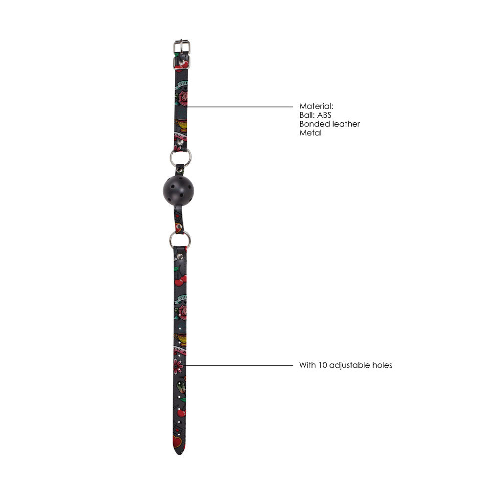 shots toys ouch black ball gag with breathable holes and printed leather straps