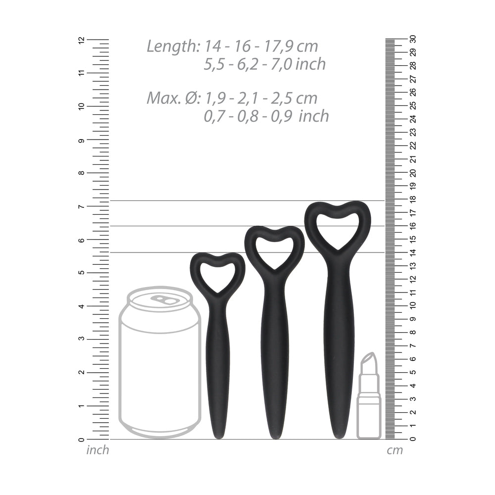 A set of three graduated black silicone vaginal dilators from Shots Toys, for Kegel exercises.
