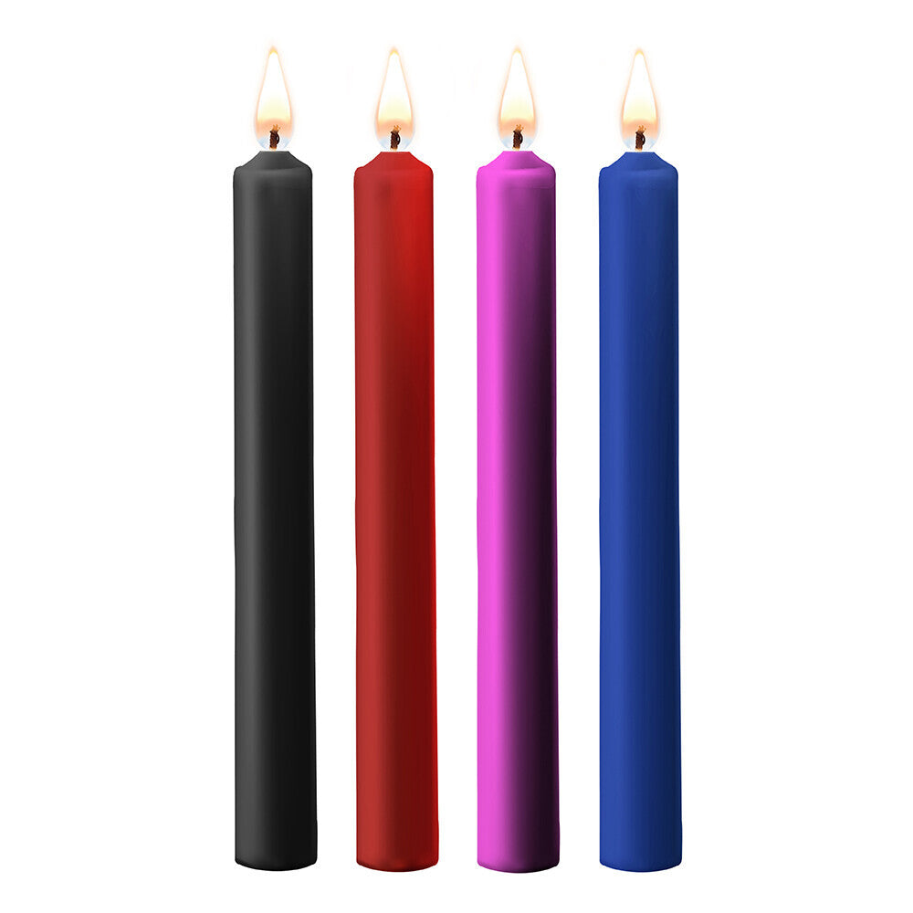 Shots Toys teasing wax candles, a large four pack in assorted colours, for bath and massage.
