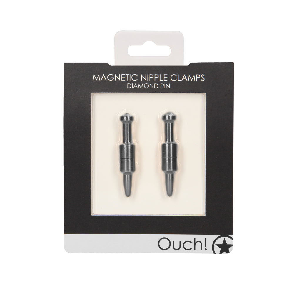 Grey ouch magnetic nipple clamps with diamond pin detail, erotic accessory for adults