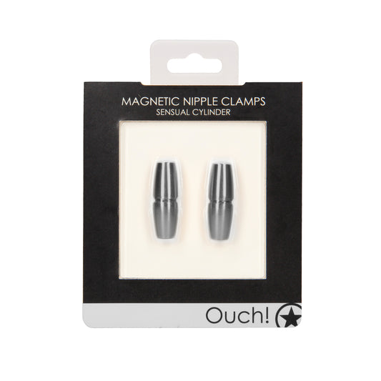 Grey ouch magnetic sensual cylinder nipple clamps, a kinky accessory for playful pleasure.