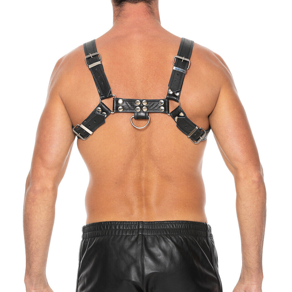 Black leather 'ouch chest' bulldog harness, large to extra-large size, by shots toys.