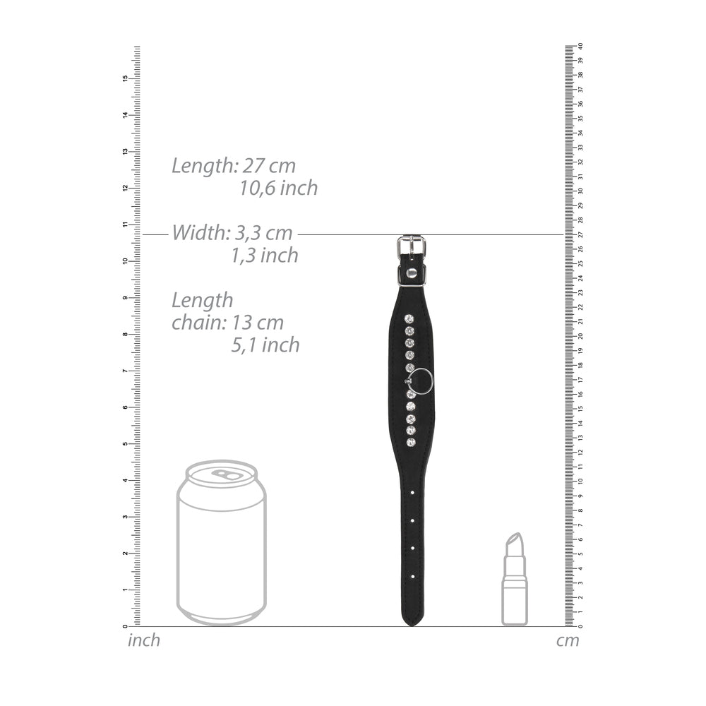 shots toys ouch wrist restraints, black leather cuffs with diamond stud detailing
