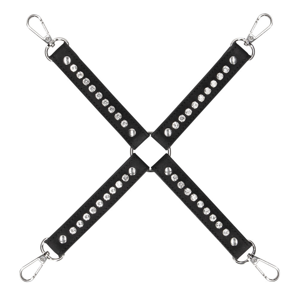 shots toys ouch hogtie connector, black restraint with diamond stud detailing for playful bondage.