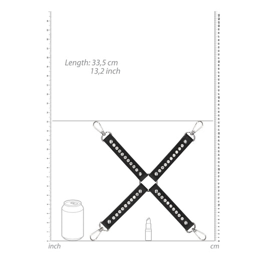 shots toys ouch hogtie connector, black restraint with diamond stud detailing for bondage play.
