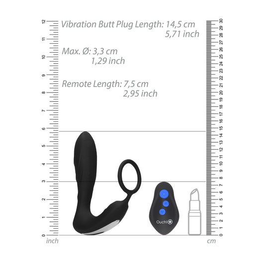 Black ouch e-stimulation butt plug and cock ring for electro sex stimulation play