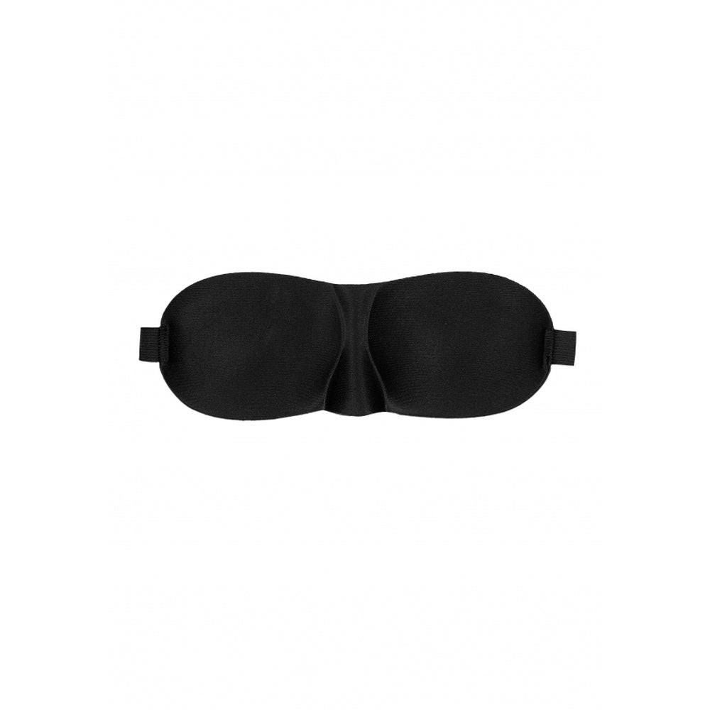 Black satin curvy eye mask from Shots Toys, designed for comfortable, restful sleep.