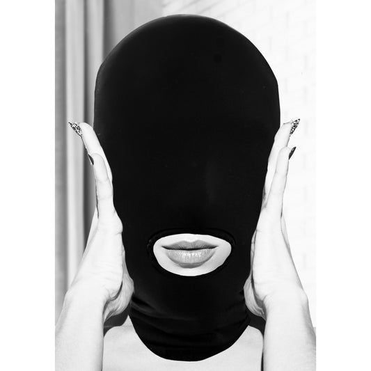 Black 'ouch submission mask' bondage hood from shots toys with an open mouth.