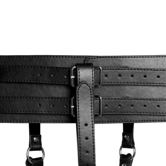 Black 'ouch belt' restraint with vibrator holder loop for pleasure and control.