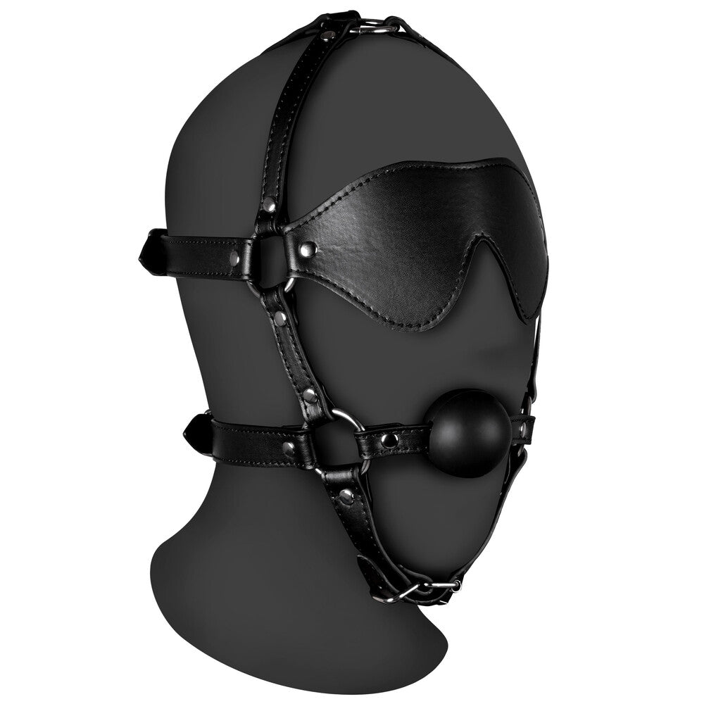 Shots Toys ouch xtreme black blindfolded harness with solid ball gag mask