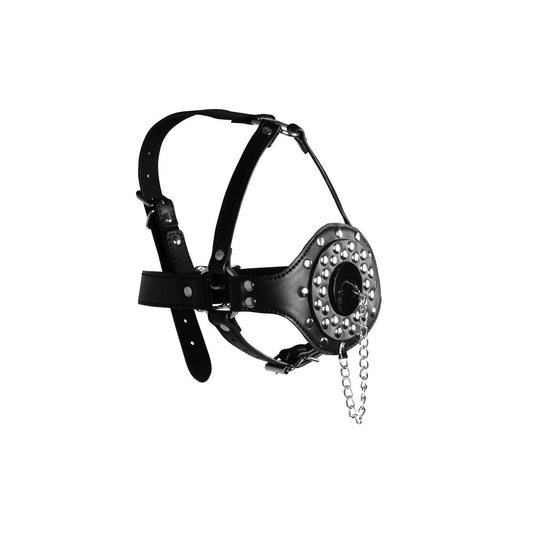 Black open mouth gag head harness with a rubber plug stopper attachment. Masks.