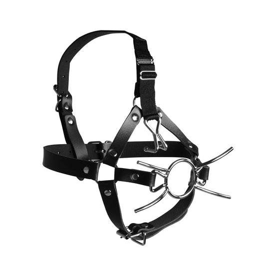 Black extreme head harness with spider gag and nose hooks, part of the masks range.