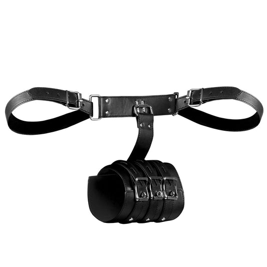 Shots Toys complete arm restraints in black, featuring adjustable straps and metal fastenings.