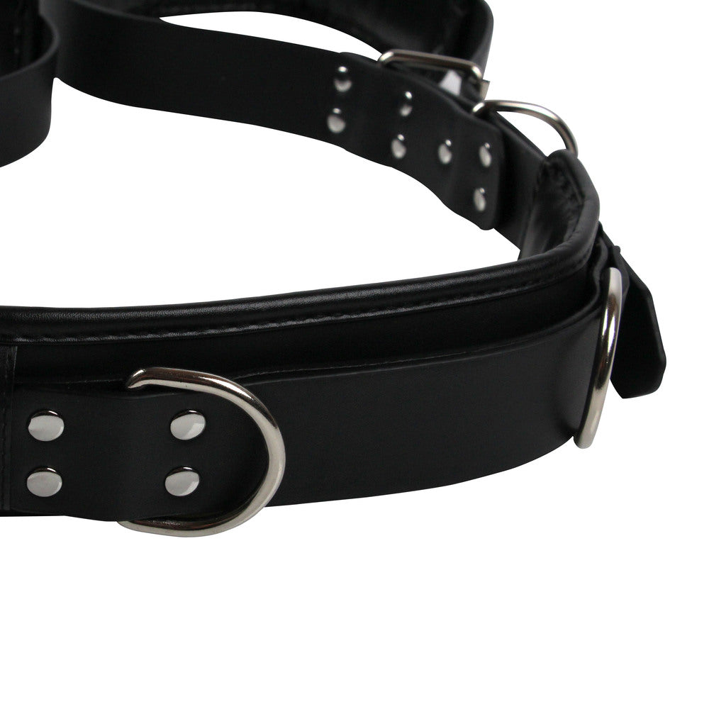 shots toys ouch padded thigh sling restraint in black with adjustable straps and buckles.