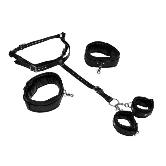 shots toys black body harness with high and hand cuffs, a naughty restraint