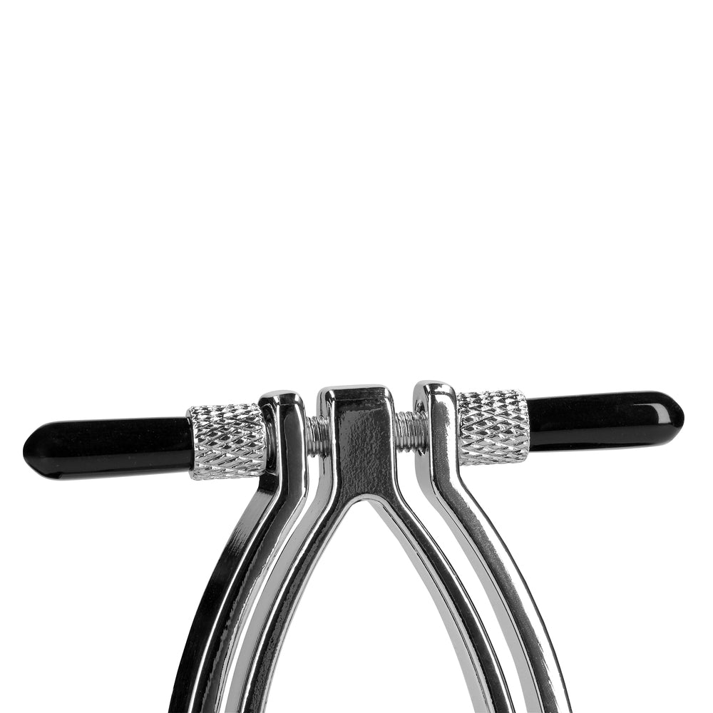 shots toys adjustable metal pussy clamps, medical instrument with a shiny silver finish.