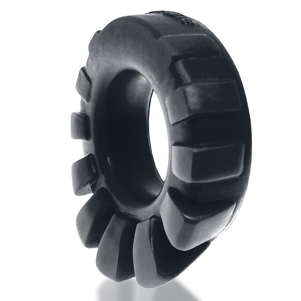 Black oxballs cock lug cockring with pronounced ridges, perfect for enhanced pleasure and fit.