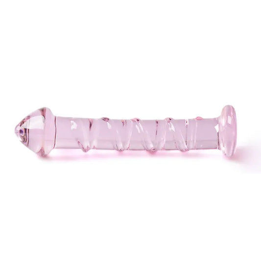 Textured pink glass dildo from Various Toy Brands, a sensual pleasure object.
