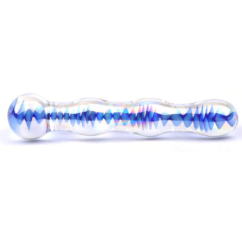 Blue glass dildo with a wavy, textured design from various toy brands.