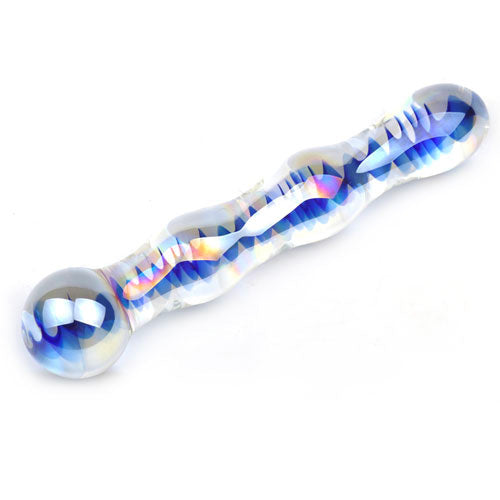 A blue, wavy glass dildo from various toy brands, featuring a smooth, polished finish.