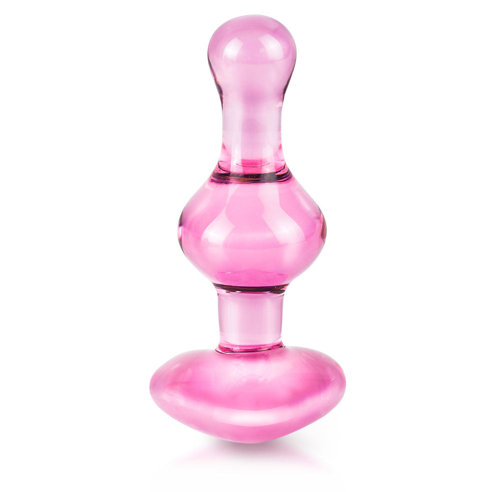 Heart-shaped pink glass butt plug from the icicles range, a sparkly anal jewel.