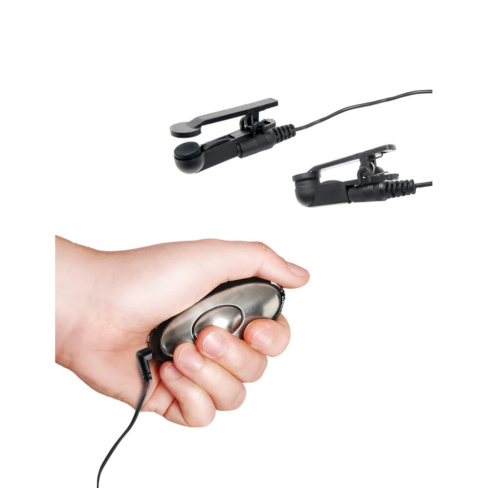 Fetish Fantasy Series nipple clamps for shock play, silvery metal with adjustment screws.