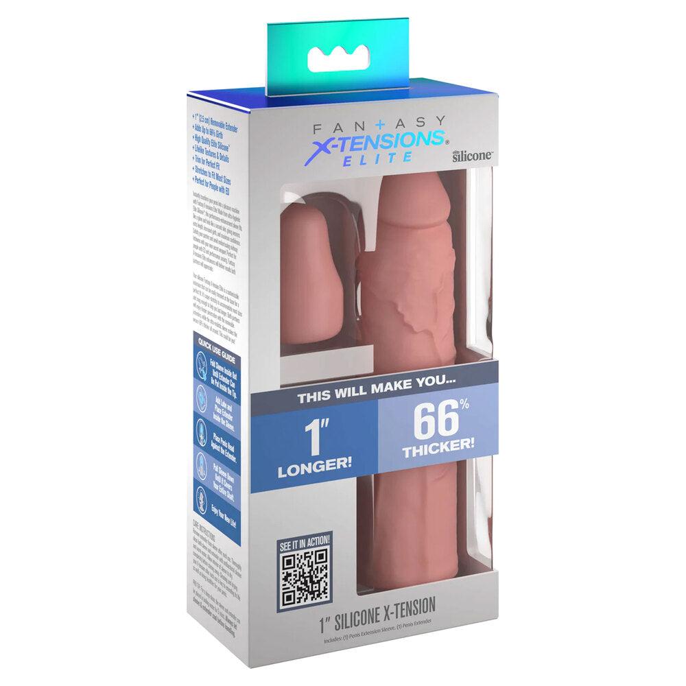 Close-up of the Xtensions Elite 1 inch penis extender; clear silicone for enhancing length.