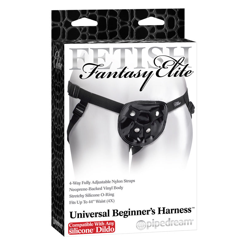 pipe dream fetish fantasy elite universal beginners harness, a black adjustable strap-on harness.