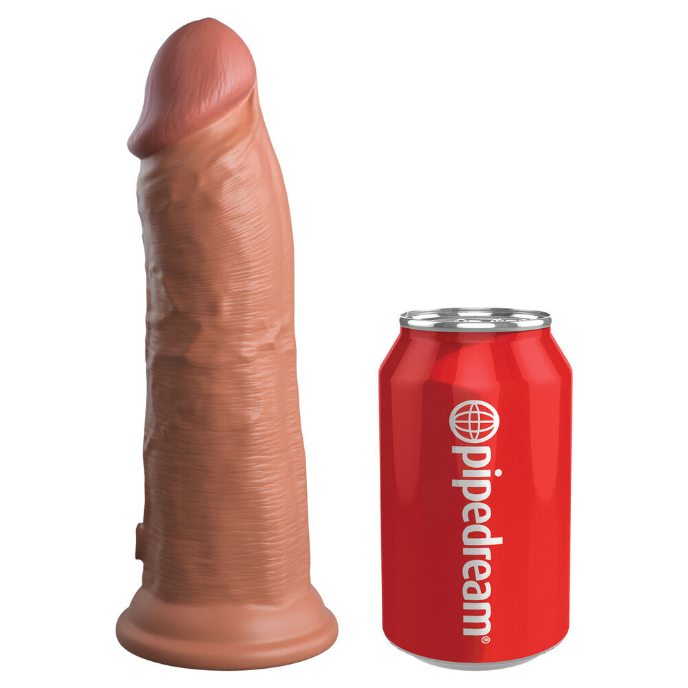 Close-up of an 8-inch dual-density penis dildo by pipedream, realistic skin tone.