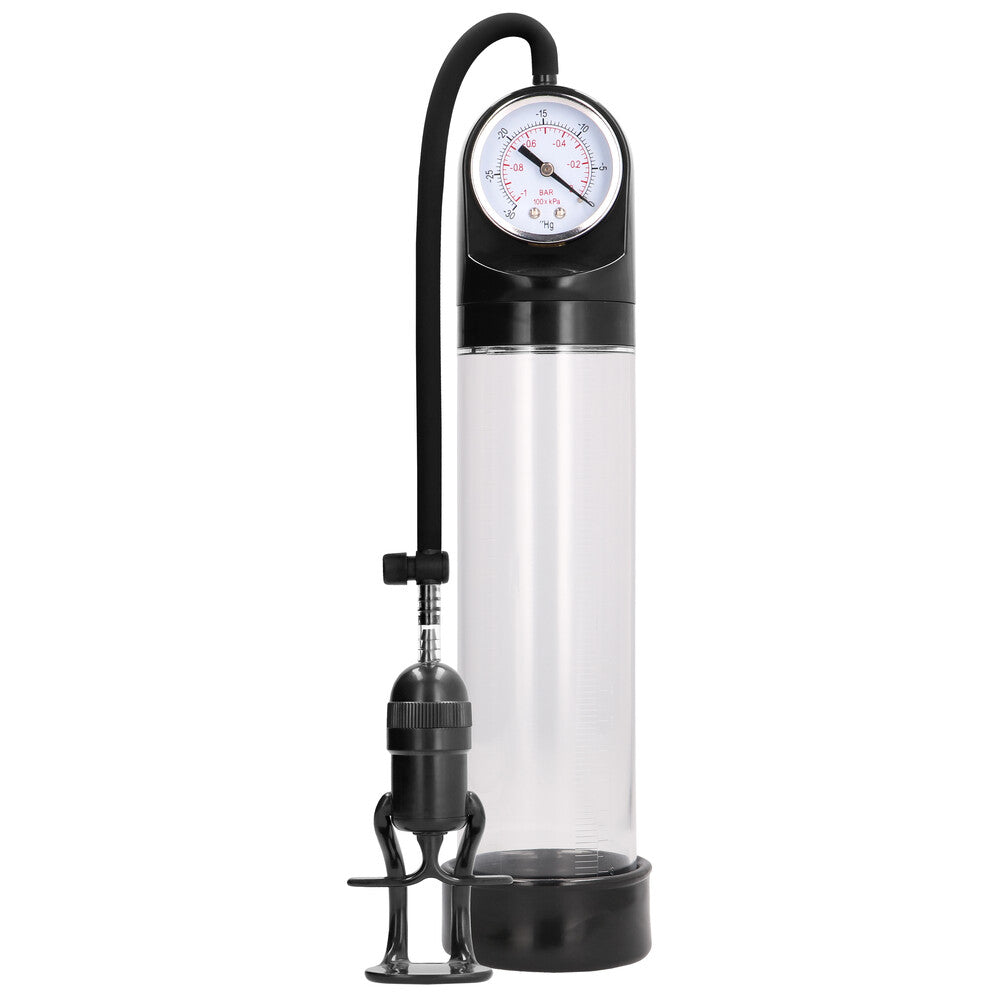 shots toys deluxe penis pump with clear cylinder and advanced pressure gauge.