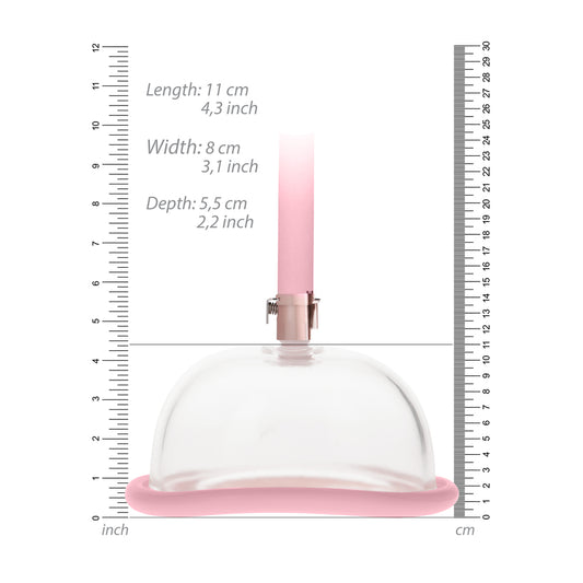 rose gold female pump from shots toys, used to enhance pleasure, close-up view.