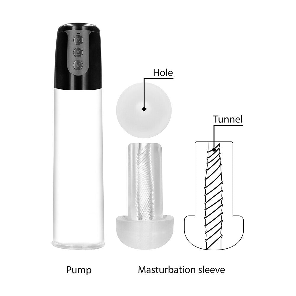 Shots Toys pumped automatic cyber pump, a transparent cylinder with black pump for penis enlargement.