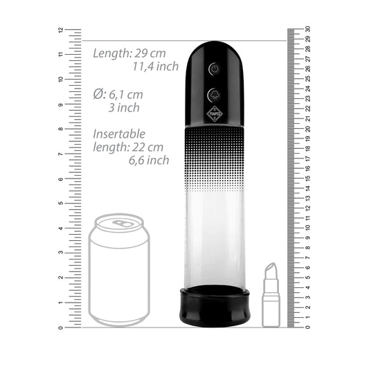 shots toys pumped automatic luv penis pump, black plastic cylinder with digital display