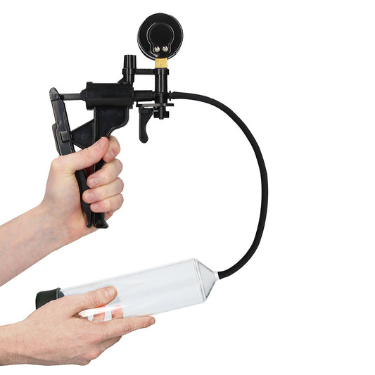 Shots Toys beginner penis pump with clear cylinder, pressure gauge, and grey handle.