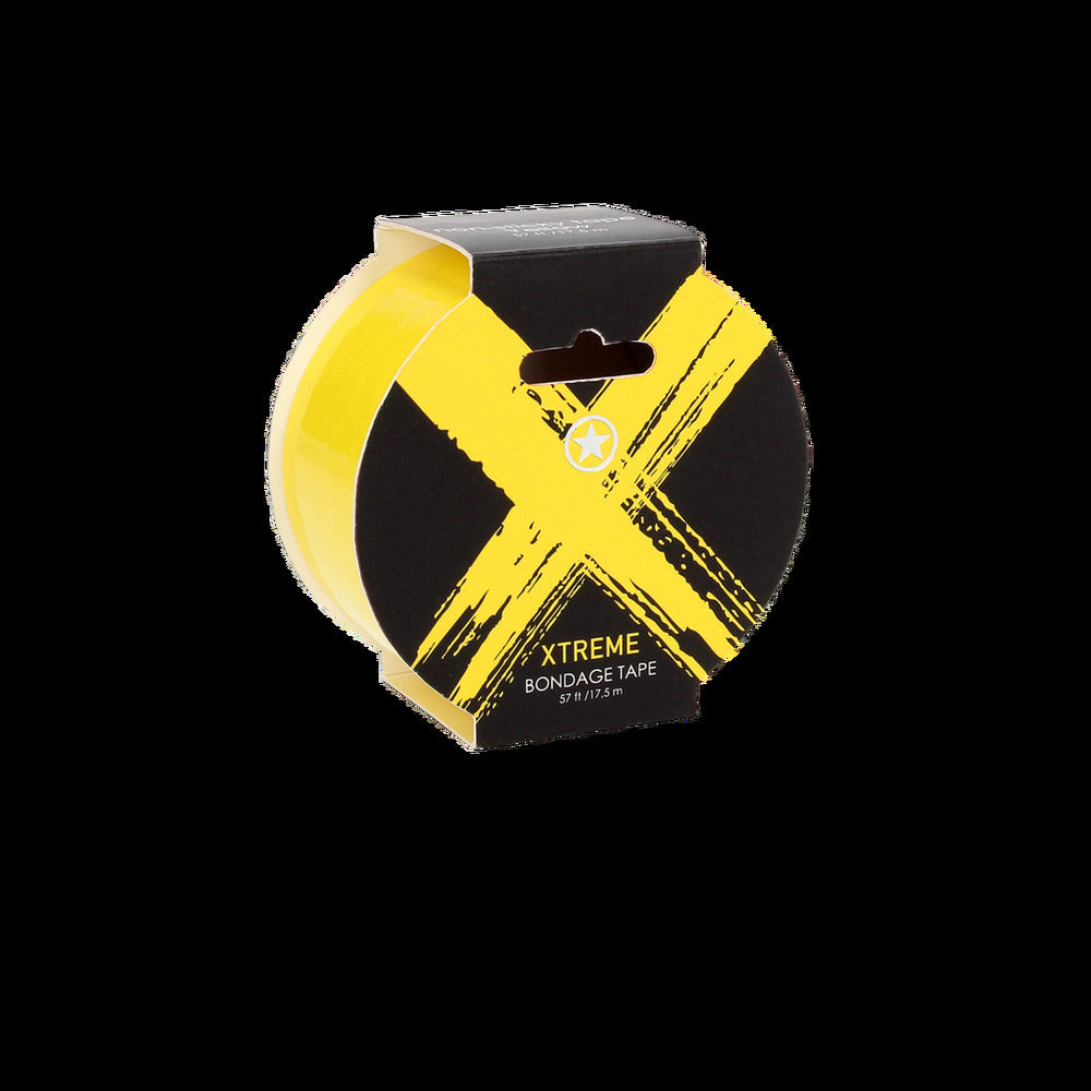 Bright yellow ouch xtreme bondage tape roll, fifty-seven feet long, novelty item.