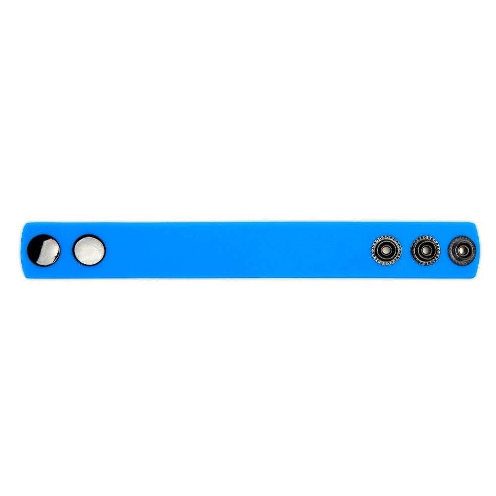 Prowler adjustable cock strap in red silicone with a blue band, part of love rings
